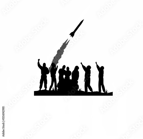 Silhouette of a team launching a rocket into the sky on white background