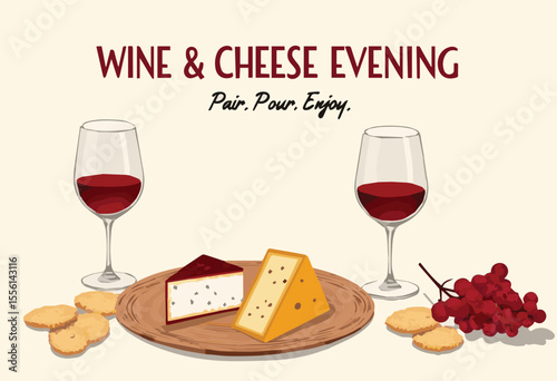 Vector illustration of red and white wine glasses with grapes, bottle, and cheese — perfect for romantic dinners, celebrations, winery themes, restaurant menus, and elegant food and drink designs.

