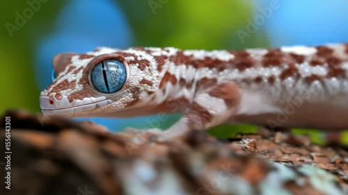 Close-up of blue-eyed gecko on tree surface

