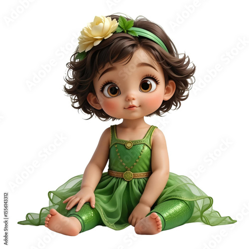 Toddler With Big Brown Eyes Sits, Wearing Green Dress With Floral Headband. The Mood Is Adorable And Whimsical.eps