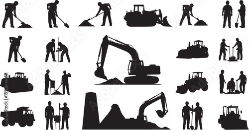 Construction Workers and Heavy Equipment Silhouettes Vector Illustrations