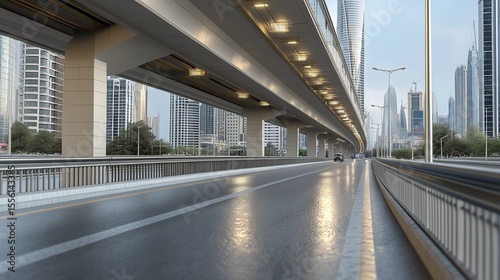 elevated view of a newly constructed overpass, featuring smooth concrete lanes and decorative lighting, set against a sprawling city skyline