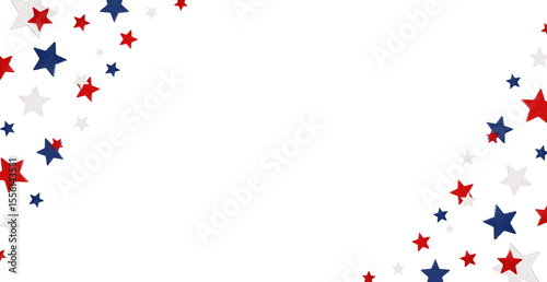 Festive frame made of stars in the colors of the USA flag. White background framed with red, white and blue stars located in the corners. Ideal for American holidays: Independence Day, Labor Day.