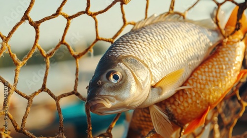 Freshly caught fish in fishing net