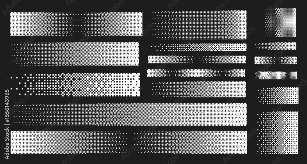 Set of gradient bitmap pixel stroke on white background. Y2K aesthetics texture. Gradient textured background. White color