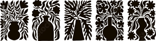 Set of groovy floral botanical black background in trendy naive retro hippie 60s 70s style. Vertical poster with silhouette abstract wavy flower in vase