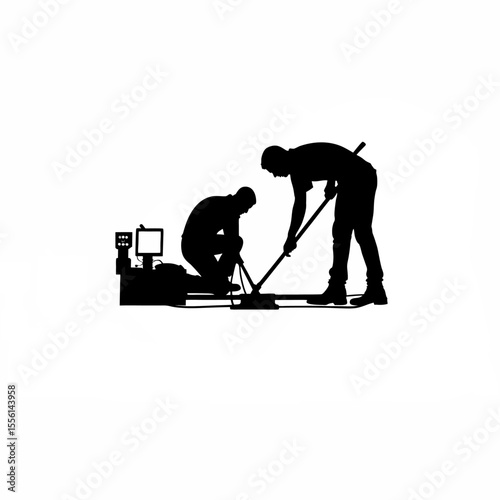 Silhouette of a team mapping the ocean floor with sonar equipment on white background