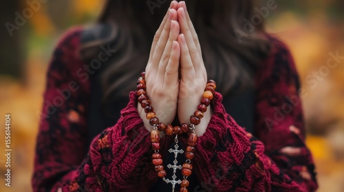 Hands clasped in prayer, rosary beads