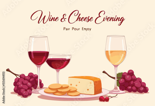 Vector illustration of red and white wine glasses with grapes, bottle, and cheese — perfect for romantic dinners, celebrations, winery themes, restaurant menus, and elegant food and drink designs.

