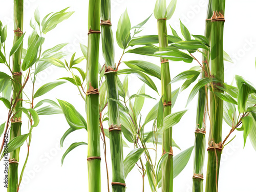 Realistic bamboo stalks with green leaves, isolated on transparent background. Natural plant vector for Asian decor, eco design, or botanical themes.