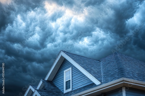 Impending Storm: Dramatic Cumulus Clouds Looming Over a Suburban Home, Emphasizing Shelter and Safety Against the Approaching Darkness and the Power of Nature.