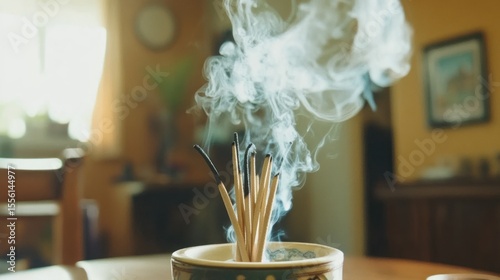 Incense sticks burning, producing fragrant smoke, indoor setting