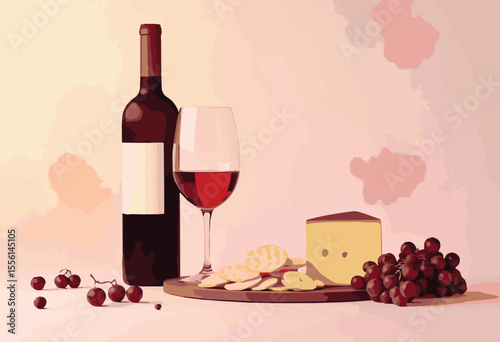 Vector illustration of red and white wine glasses with grapes, bottle, and cheese — perfect for romantic dinners, celebrations, winery themes, restaurant menus, and elegant food and drink designs.

