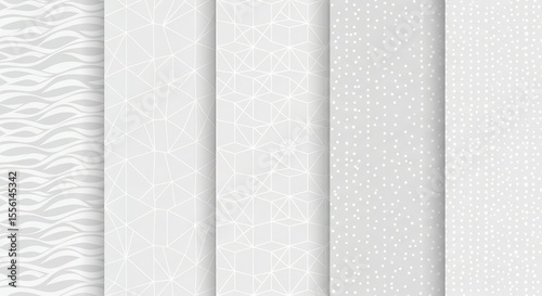 Five different seamless abstract patterns neutral white and gray textures collection geometric organic waves dots ideal for backgrounds digital paper