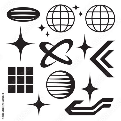 Futuristic Y2K vector shape set with abstract icons, globes, sparkle stars, grids, and tech-inspired elements. 
Perfect for digital design, posters, and streetwear graphics vector silhouette