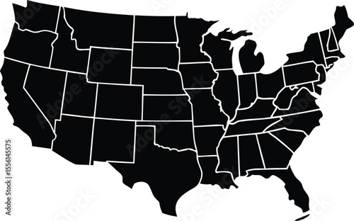 Vector silhouette map of the continental United States with state boundaries