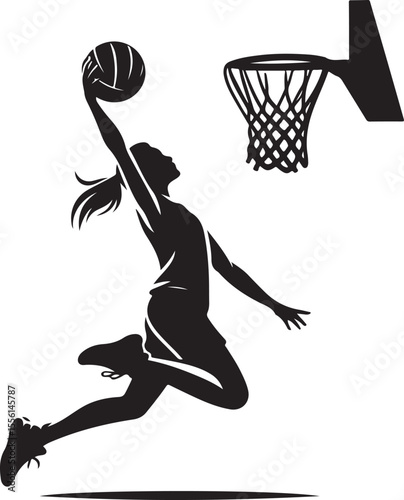  Dynamic illustration showing a female basketball player performing a powerful dunk, embodying athleticism and energy. Perfect depiction of sports action and competitive