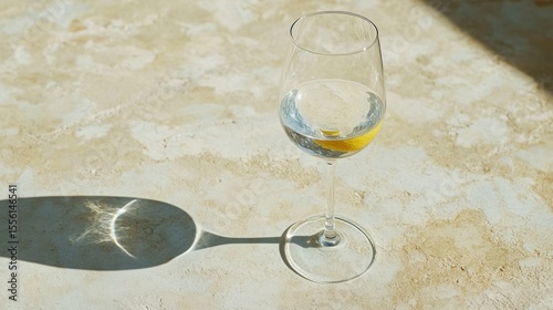 A clear wine glass filled with water and a lemon slice, standing on a light beige surface.  Sunlight casts a long shadow
