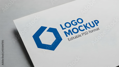 A close up of a white card with a blue logo mockup design and editable psd format text on it