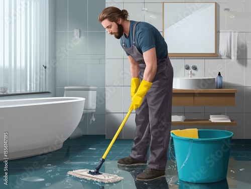Tidy Bathroom: A diligent worker diligently cleans a bathroom floor, maintaining a clean and fresh atmosphere using a mop.