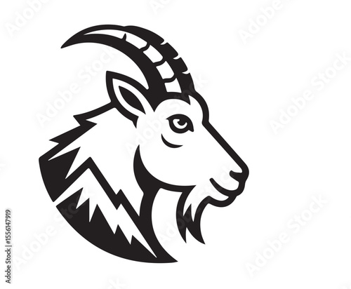 black and white mountain goat illustration with large horns and alpine elements, ideal for logo, branding, and wildlife identity design