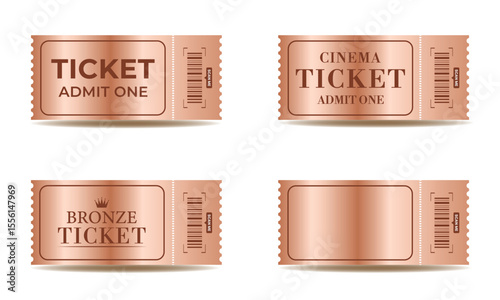 Bronze Ticket Template Set – Admit One and Cinema Vouchers with Barcode, Vector Illustration