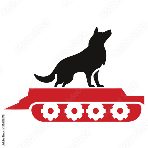 Black silhouette of a dog stands proudly upon a red tank against a white background