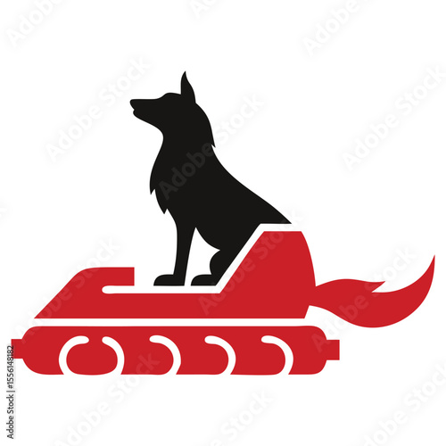 Silhouette dog sits atop a stylized red tank on a white background