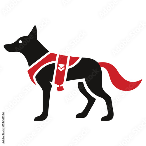 Stylized black dog has a red service animal vest while standing against white