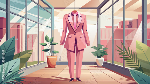 A tailored blush-pink pantsuit with sharp lapels and a silk inner blouse is displayed in a modern office space with glass walls and potted plants. Soft daylight reflects off minimalist decor and chrom