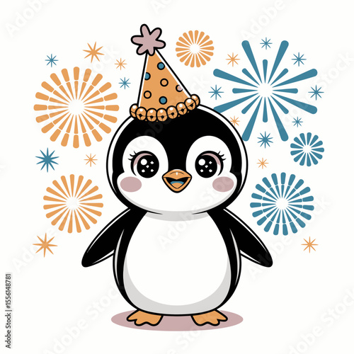 A cute penguin wearing a festive party hat stands happily surrounded by colorful fireworks in shades of blue and orange.