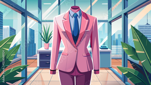 A tailored blush-pink pantsuit with sharp lapels and a silk inner blouse is displayed in a modern office space with glass walls and potted plants. Soft daylight reflects off minimalist decor and chrom