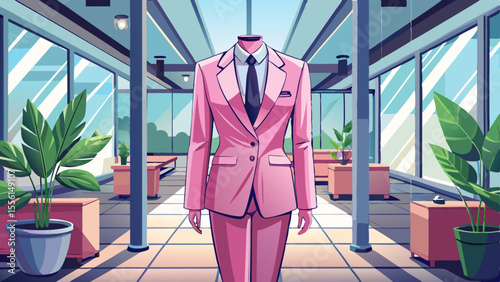 A tailored blush-pink pantsuit with sharp lapels and a silk inner blouse is displayed in a modern office space with glass walls and potted plants. Soft daylight reflects off minimalist decor and chrom