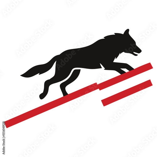 Black wolf silhouette leaps across the red bars dynamically, symbolizing agility on white background