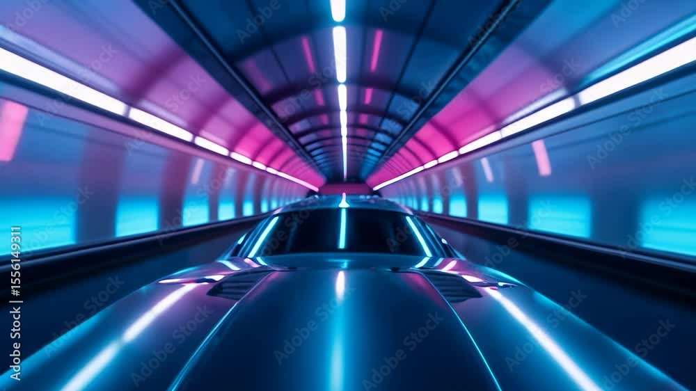 A dynamic ride through a neon-lit tunnel with vibrant colors reflecting off a sleek car