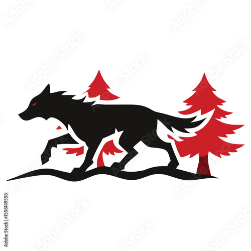 A black wolf walks through a forest with red trees on white background