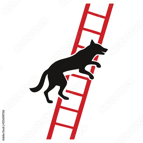 Silhouette of a determined wolf figure scaling an upright red ladder, isolated on white