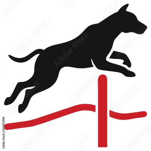 Silhouette of a black dog leaping over a red bar on white background