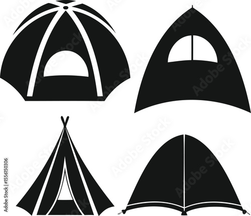 Silhouette set of various camping tents isolated in black on white background