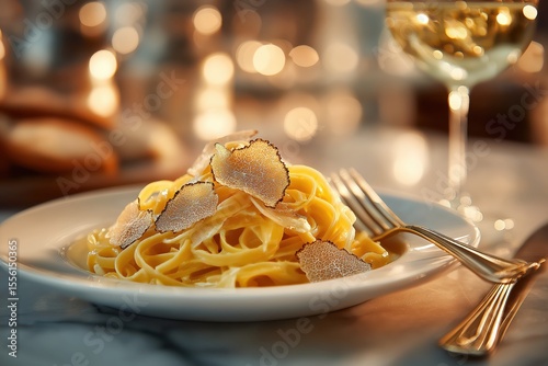 Golden tajarin pasta with white truffle on elegant marble dining setting