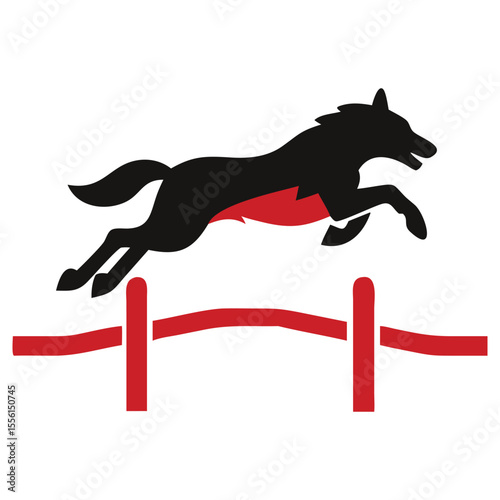 Silhouette of wolf jumping over red fence on a white backdrop demonstrates strength
