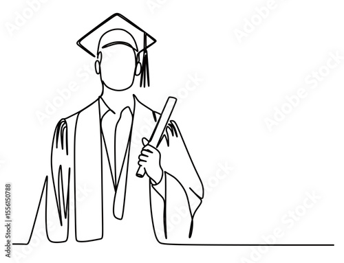 a continuous line drawing of someone celebrating graduation after college wearing a graduation cap and holding a diploma. a career awaits after graduation