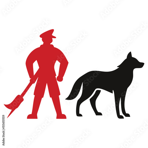 Red silhouette figure of soldier holds spear standing by a black wolf on white