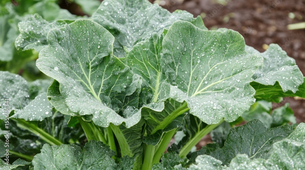 Fototapeta premium Close-up of vibrant green leafy vegetable plant, covered in water droplets. Healthy and fresh produce growing in the ground