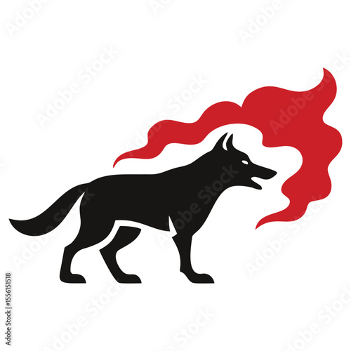 A black wolf stands while red smoke trails behind it in a minimalist style