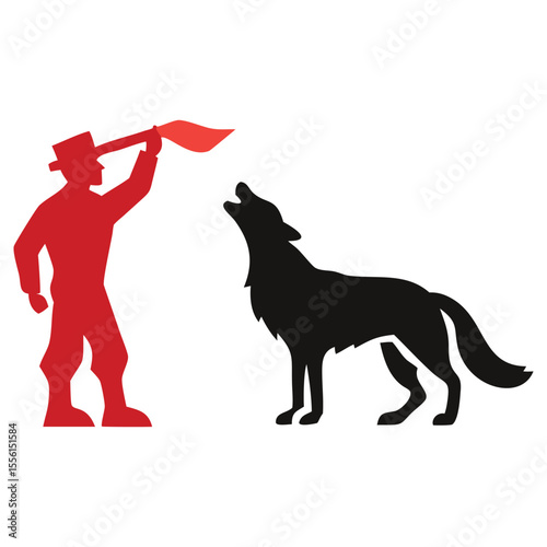 Red silhouette man with hat waves red flag as black wolf howls