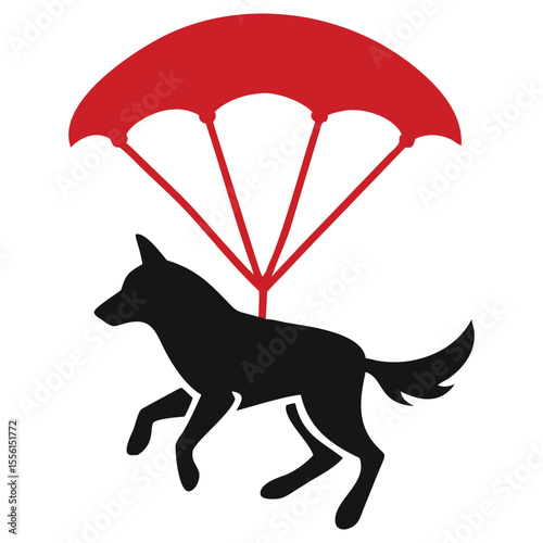 A black dog floats gently with a red parachute above, all against a white background