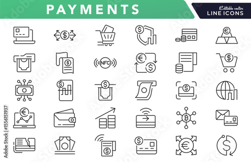 Payments line icon set. money, receipt, invoice, document, atm, cash, coins, credit card, wallet, savings, finance, growth, investments line icon set. Ui thin line icon pack.