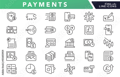 Payments line icon set. money, receipt, invoice, document, atm, cash, coins, credit card, wallet, savings, finance, growth, investments line icon set. Ui thin line icon pack.