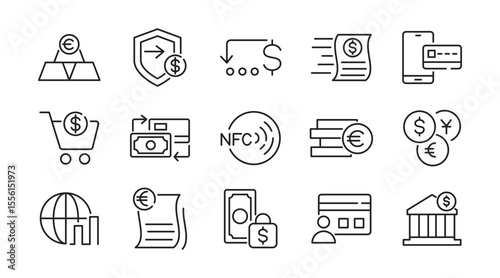 Payments line icon set. money, receipt, invoice, document, atm, cash, coins, credit card, wallet, savings, finance, growth, investments line icon set. Ui thin line icon pack.